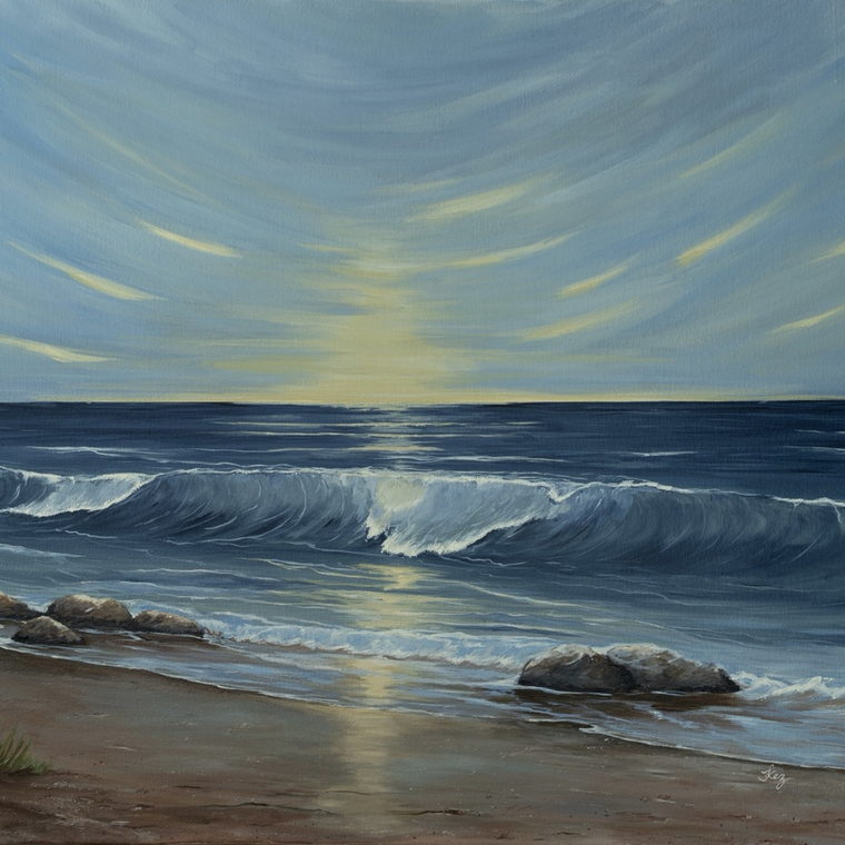 A commissioned ocean sunrise painting in a collector's home