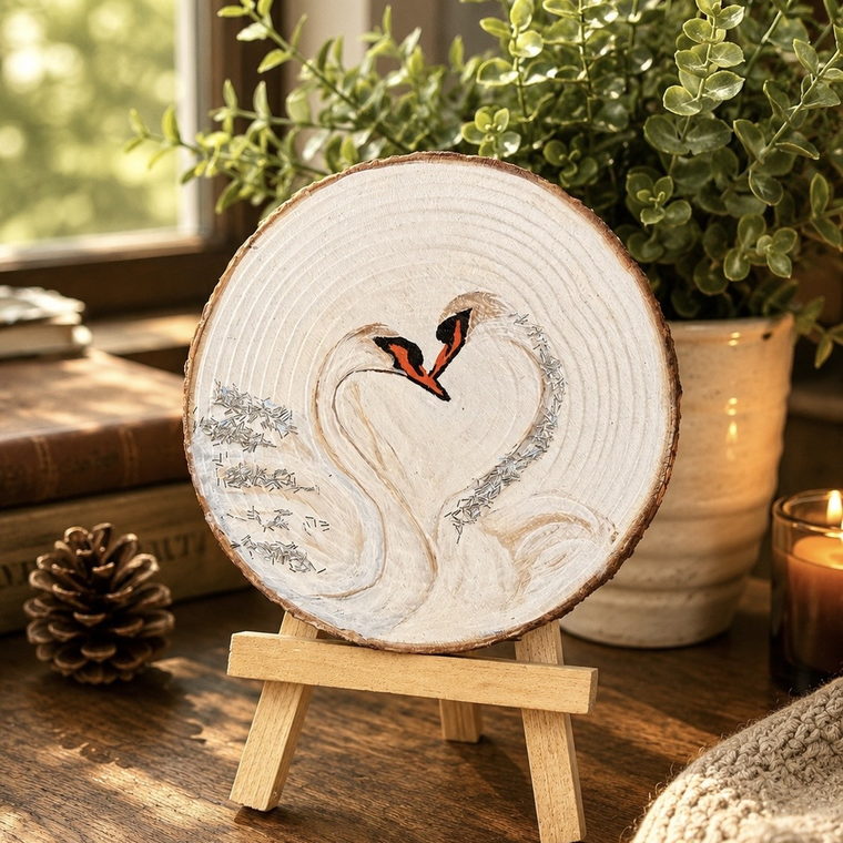 Together — a wood-slice mini of two swans on a small easel in window light