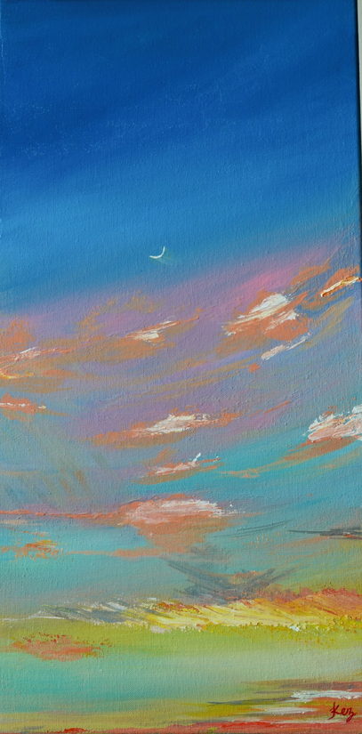 Heaven's Whisper — a crescent moon in a deep blue sky above sunset clouds