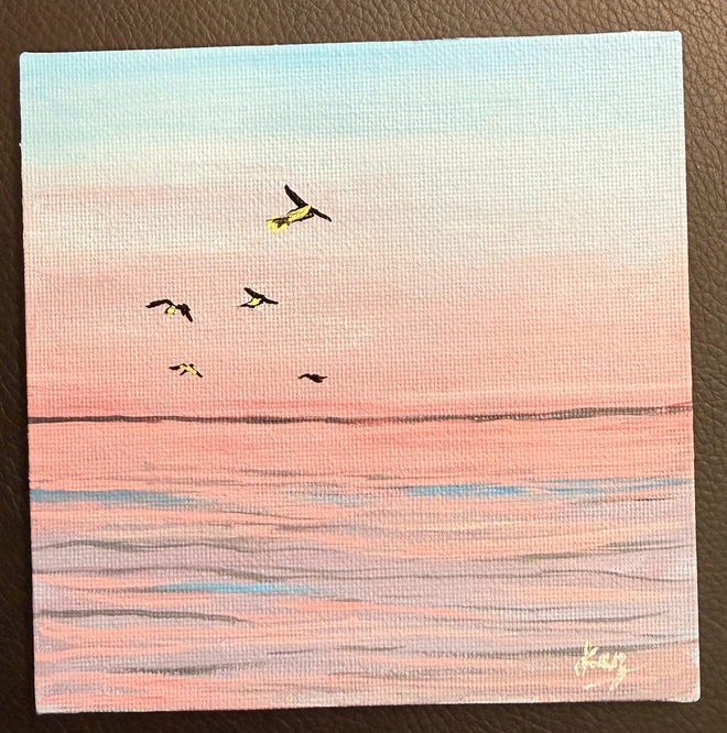Homeward — a coral and pink sunset over calm water, with birds in flight, hand-painted on a small square canvas panel