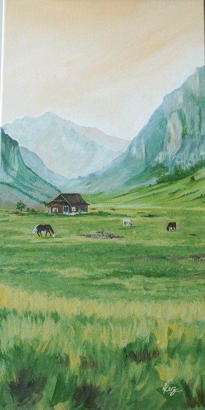 The Quiet Pasture — horses grazing in a green mountain valley beside a small cabin