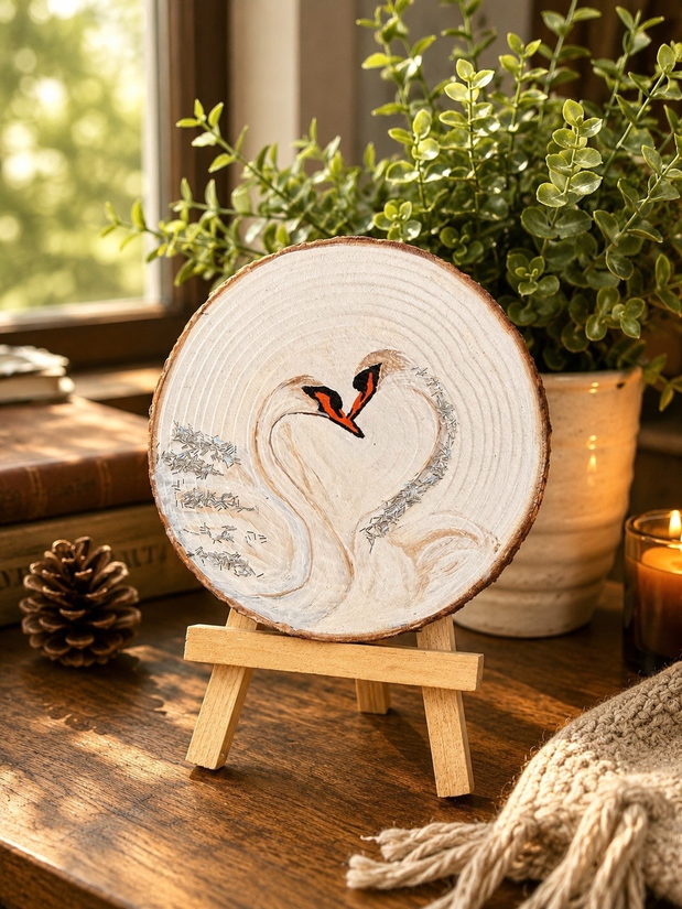 Together — two white swans forming a heart, hand-painted on a wood-slice coaster