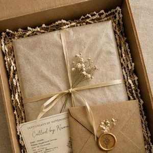 Wrapped artwork in its box with a handwritten note