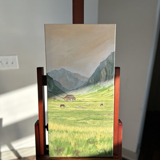 The Quiet Pasture on the studio easel in morning light